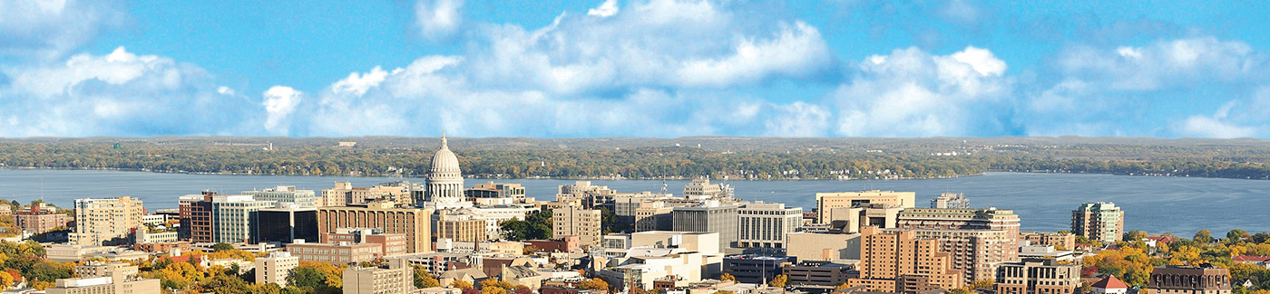 Aerial view of downtown Madison and the nearby lake