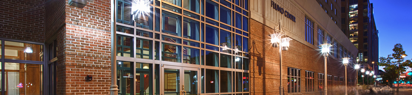 Fluno Center exterior at night